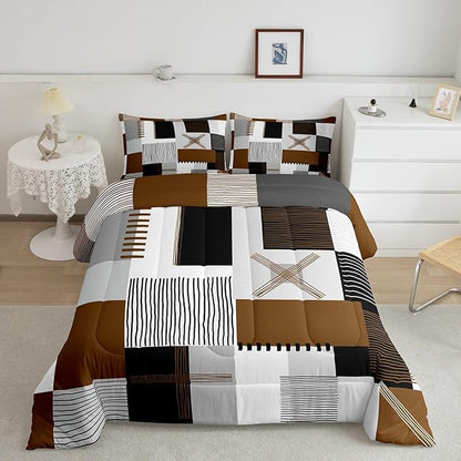 Erosebridal Brown Grey King Comforter Set for Boys Men Black White Abstract Bedding Set for Kids Adults Geometric Square Quilt Grids Checkered Duvet Insert Modern Fashion Room Decor 3 Pcs