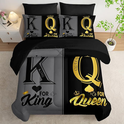 King and Queen Crown Comforter Set Black and Gray Couple Bedding Set，7Pcs Mr Mrs Comforter Set for Adults Couple Men Women,Light Bedding Set 7 Piece in A Bag,Bed Sheet Set Decor KING All Seasons