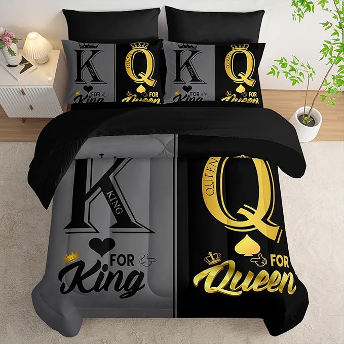 King and Queen Crown Comforter Set Black and Gray Couple Bedding Set，7Pcs Mr Mrs Comforter Set for Adults Men Women,Light Couple Bedding Set 7 Piece in A Bag,Bed Sheet Set Decor Full