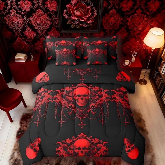 Erosebridal Gothic Bed in a Bag King Size Comforter Set 7 Pieces,Goth Sugar Skull Black Red Damask Bedding Set,Bohemian Vintage Floral Comforter and Sheet Set,Exotic Antique Victorian Baroque Decor