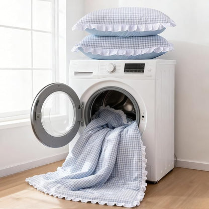 A Nice Night Comforter Set Full, 5 Pieces Lightweight Soft Rustic Blue Ruffle Comforter, Plaid Checkered Chic Bedding Set with Pillow Shams