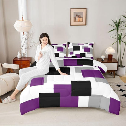 Castle Fairy Purple Black White Grid Twin Size Comforter Set,Geometric Square Splicing Quilt Set Soft Bed Collection,Modern Abstract Bedding Comforter for Boys Girls Room Decor,2 Pcs