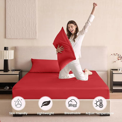 THXSILK 6A+ Top Grade 100% Pure Mulberry Silk Full Fitted Sheet 3Pcs Set Bed Sheets Luxury Bedding for Hair and Skin Breathable Cooling Safe Material, 1 Fitted Sheet with 2 Pillowcases, Red