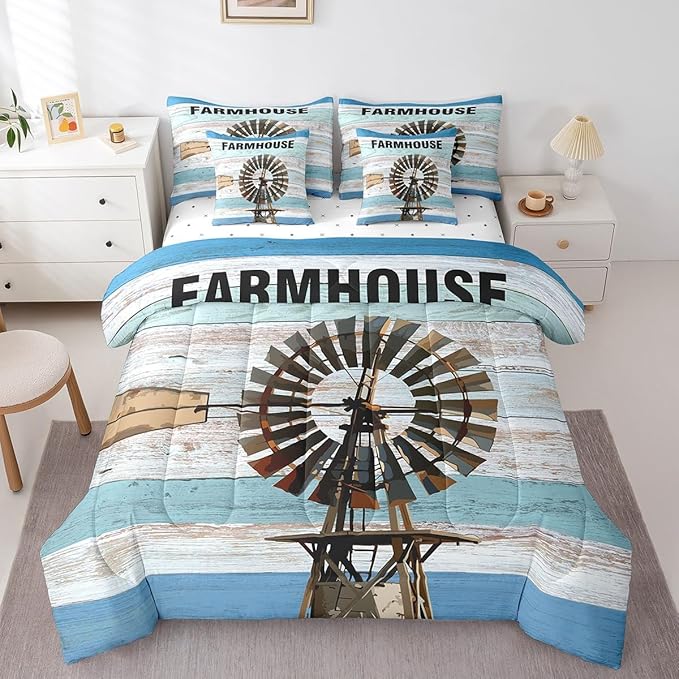 Erosebridal Full Size Windmill Comforter Set with Sheets & Pillows - 7-Piece Rustic Farmhouse Decor Bed-in-a-Bag