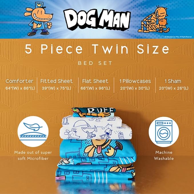 Franco Dog Man Supa Book Kids Bedding Super Soft & Cozy Reversible Microfiber Comforter and Sheet Set with Sham, 5 Piece Twin Size, (Officially Licensed Product)