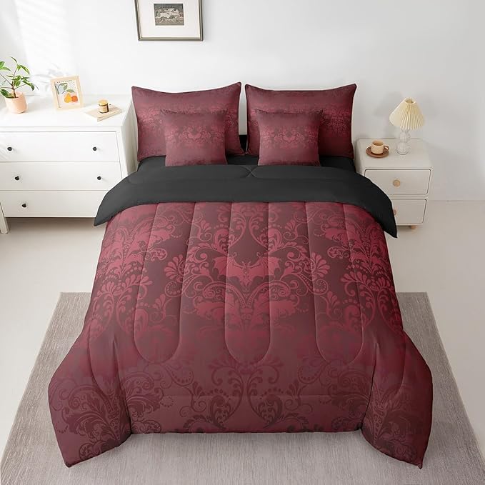 Erosebridal Gothic Damask Comforter Set 7 Piece Bed in a Bag Twin,Halloween Bat Bedding Sets Red Victorian Floral Goth Sheet Set with Comforter