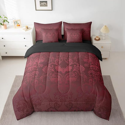Erosebridal Gothic Damask 7 Piece Comforter Set Full Bed in a Bag,Halloween Bat Bedding Sets Red Victorian Floral Goth Sheet Set with Comforter
