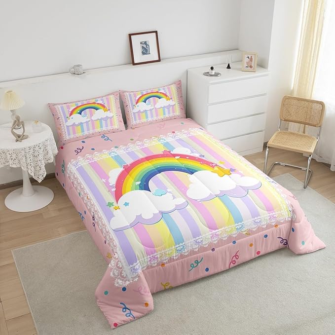 Pretty Rainbow Bedding Sets Full Size,Colorful Dots Stripes Kawaii Sketch Reversible Comforter Set Breathable Polyester Quilt Set,Cute Stars Lace Print Plaid Duvet Insert,2 Pillowcases