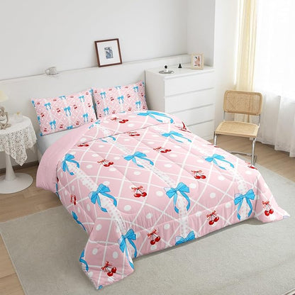 Feelyou Girls Bow Comforter Set Queen Size Cute Bowknot Bedding Set for Boys Teens Decor Kawaii Cherry Comforter Stripes Duvet Set Bedroom Blue Bow Quilt Set 3Pcs