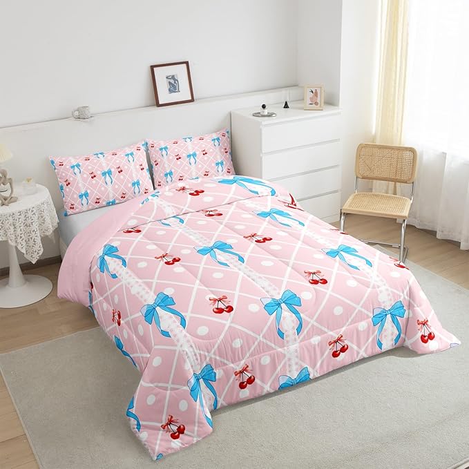 Feelyou Girls Bow Comforter Set Toddler Size Cute Bowknot Bedding Set for Boys Teens Decor Kawaii Cherry Comforter Stripes Duvet Set Bedroom Blue Bow Quilt Set 2Pcs