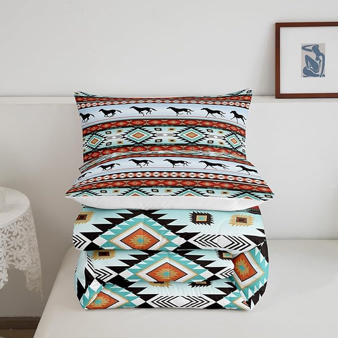 Feelyou Kids Western Decor Comforter Set Southwestern Bedding Set Toddler Size Bedroom Decor Galloping Horse Wild Western Cowboy Geometric Comforter Green Red Duvet Set with 1 Pillow Case