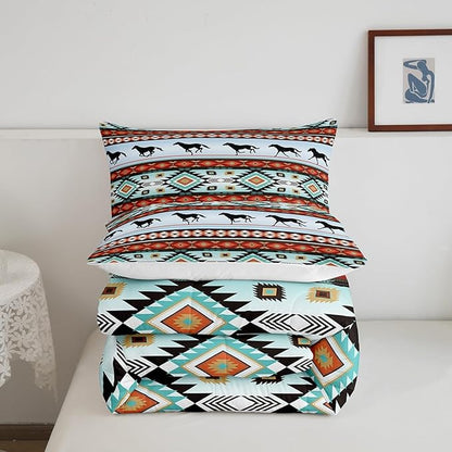 Feelyou Kids Western Decor Comforter Set Southwestern Bedding Set Toddler Size Bedroom Decor Galloping Horse Wild Western Cowboy Geometric Comforter Green Red Duvet Set with 1 Pillow Case