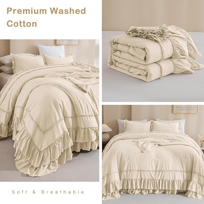 CozyTide Ruffle Oversized King Comforter 120x120,Farmhouse Shabby Boho Chic Bedding Cotton French Country Rustic Ruffled California King Comforter Set 3PCS