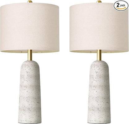 BOBOMOMO 27.25" Modern Table Lamp Set of 2, White Resin Table Lamps with Stone Look, Lamps for Living Room with Linen Shades, Bedside Lamps for Bedroom, Nightstand, Entryway