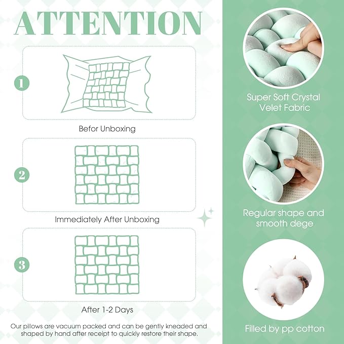 Wenqik 2 Pcs Knot Pillows Square Knotted Plush Throws Soft Accent Pillows Decoration Cushion for Couch Home Office Living Room Bedroom Bed Sofa Decor, 12'' x 13''(Light Green,Crystal Velvet)