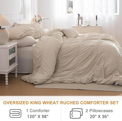 Lady Ann Oversized King 120 x 98 Bed Comforter Set- Wheat Ruched Boho Comforter Set for Bedroom, 3 Piece Fluffy Bedroom Set with Pillow Shams Ultra Soft All Season Bed Sets for Women Men