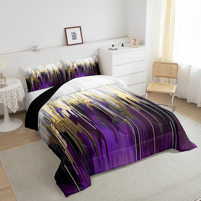 Purple Bedding Set Full Watercolor Graffiti Comforter Set, Striped Oil Painting Duvet Insert Aesthetic Modern Quilt Set, Ombre Brush Marks Contemporary Bedding Comforters & Sets Metallic Gold Decor