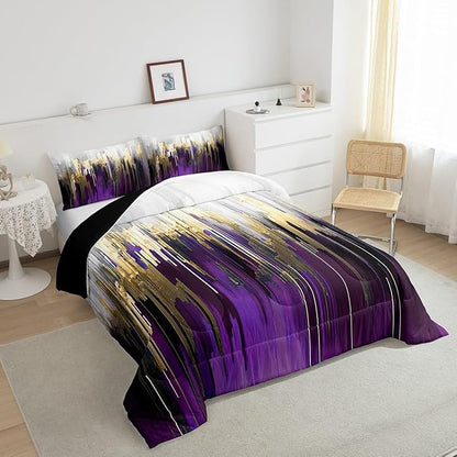 Purple Bedding Set Full Watercolor Graffiti Comforter Set, Striped Oil Painting Duvet Insert Aesthetic Modern Quilt Set, Ombre Brush Marks Contemporary Bedding Comforters & Sets Metallic Gold Decor
