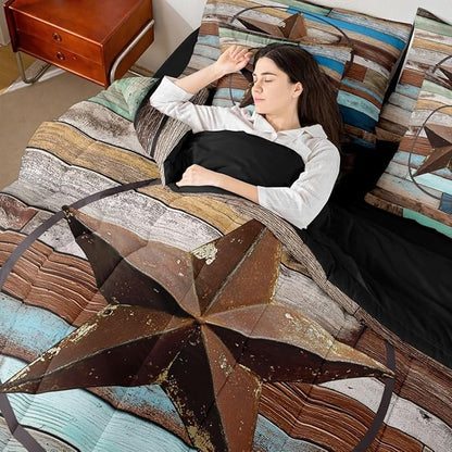 Erosebridal Texas Star 7 Piece Comforter Set Queen Bed in A Bag Retro Western Bedding Set for Kids Boys Girls Southwest Wooden Board Quilt Country Cabin Lodge Decor Sheet Set with Comforter