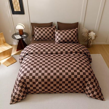 Houseri Brown Plaid Comforter Set Full Chocolate Coffee Color Chessboard Bedding Sets Mocha Buffalo Checkered Bed Quilt Blanket Full
