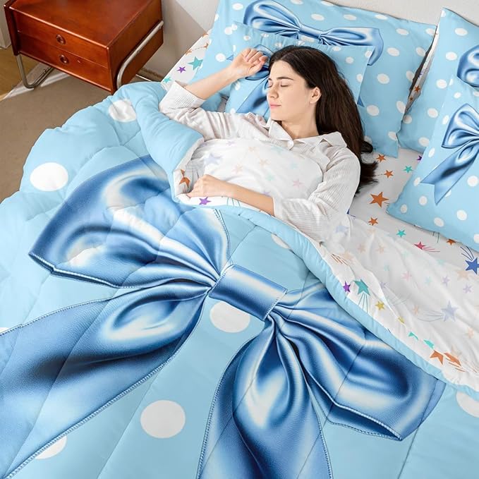 Feelyou Blue Bowknot 7 Piece Bedding Set Polka Point Comforter Set with Sheets for Kids Boys Girls Cute Bow Bed in a Bag Princess Theme Bed Set Soft Lightweight