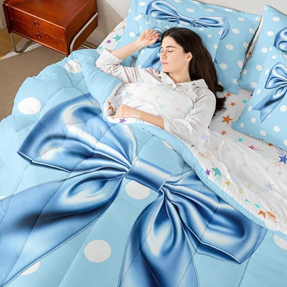 Feelyou Blue Bowknot 7 Piece Bedding Set Polka Point Comforter Set with Sheets for Kids Boys Girls Cute Bow Bed in a Bag Princess Theme Bed Set Soft Lightweight