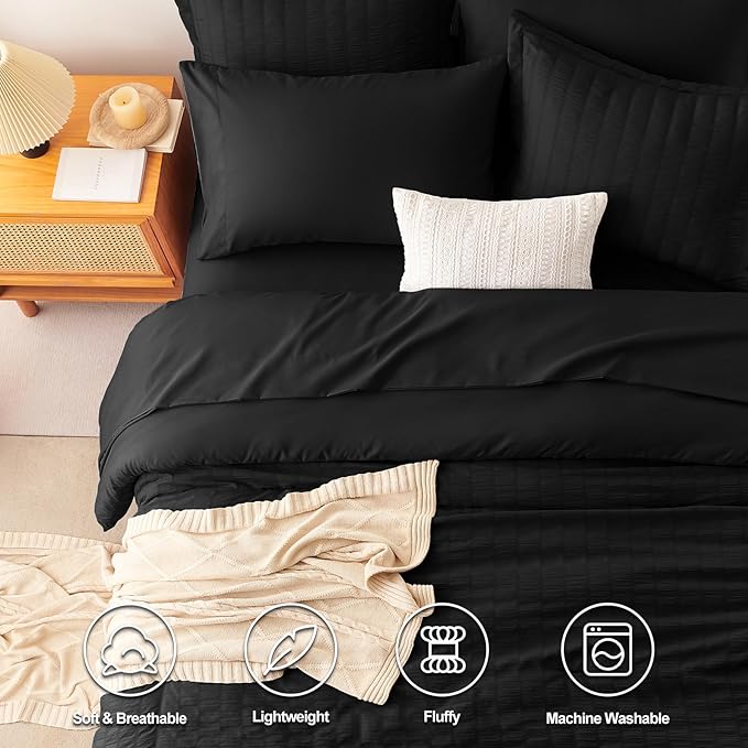 CozyLux Twin XL Comforter Set with Sheets Seersucker Black 5 Pieces Bed in a Bag, Twin Extra Long Luxury Soft Bedding Sets for College Dorm with Down Alternative Comforter, Sheets, Pillowcases & Shams