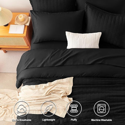 CozyLux King Size Comforter Set Black Seersucker 7 Pieces Bed in a Bag King Comforter Set with Sheets, Luxury Soft Bedding Set with Down Alternative Comforter, Sheets, Pillowcases & Shams All Seasons