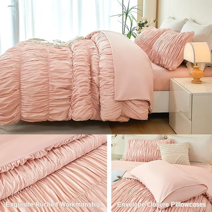 PERFEMET Blush Bed in a Bag King Size 5-Piece Boho Ruched Bedding Comforter Set Soft Luxury Fluffy Pleated Textured Pink Comforter Set with Sheets All Season Farmhouse Ruffled Bed Set(Blush, King)