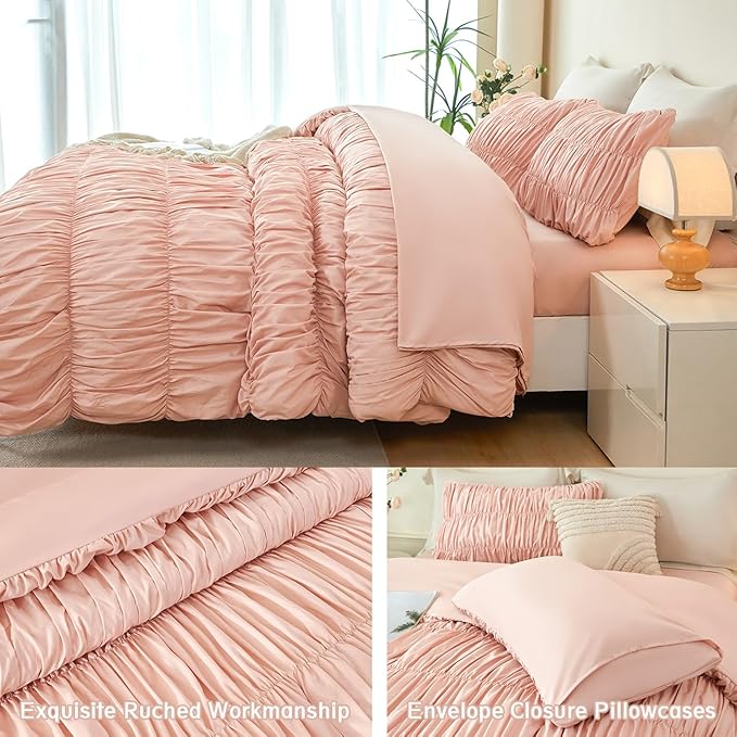 PERFEMET Blush Comforter Set Twin Size 5-Piece Boho Ruched Comforter with Sheet Set Soft Luxury Fluffy Pleated Textured Bed in a Bag All Season Farmhouse Ruffled Bedroom Set(Blush, Twin)
