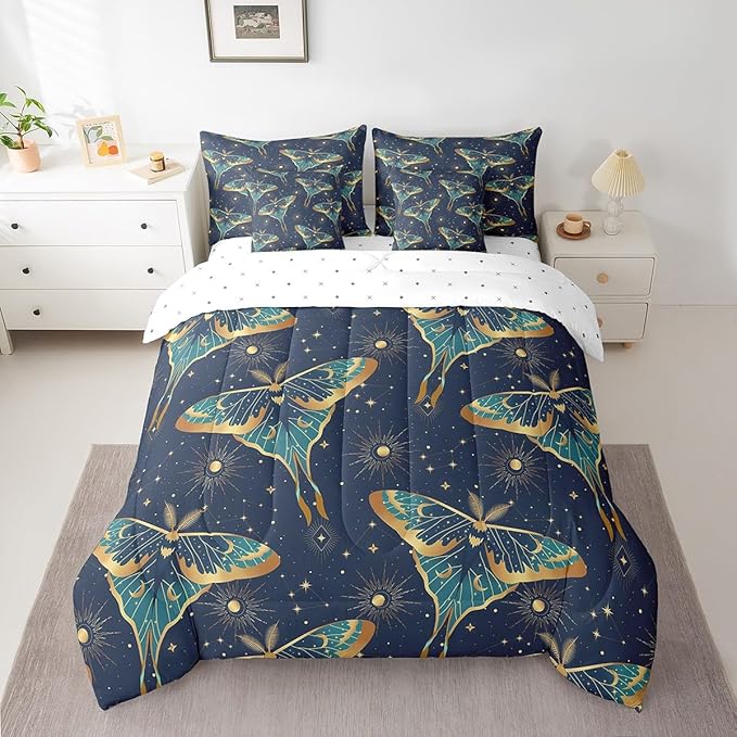 Erosebridal Bohemian Moth Bed in a Bag King Size Comforter Set 7 Pieces,Sun and Moon Bedding Sets Stars Galaxy Sheet Set with Comforter