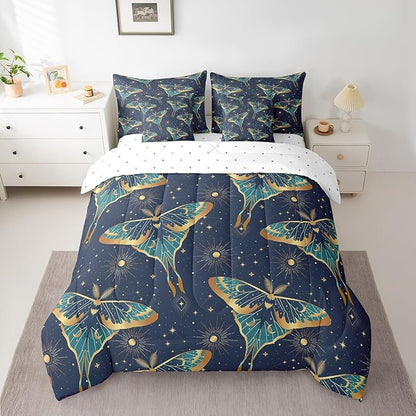 Erosebridal Bohemian Moth Bed in a Bag King Size Comforter Set 7 Pieces,Sun and Moon Bedding Sets Stars Galaxy Sheet Set with Comforter