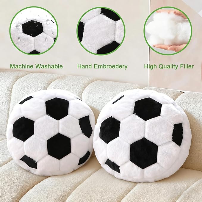 2 Pcs Soccer Pillow, Soft Fluffy Round Cushion Soccer Shaped Throw Pillows, Sports Theme Plush Pillow, Ideal Couch, Bedroom & Soccer Room Decor Valentines Day Gifts (15.8 Inch)