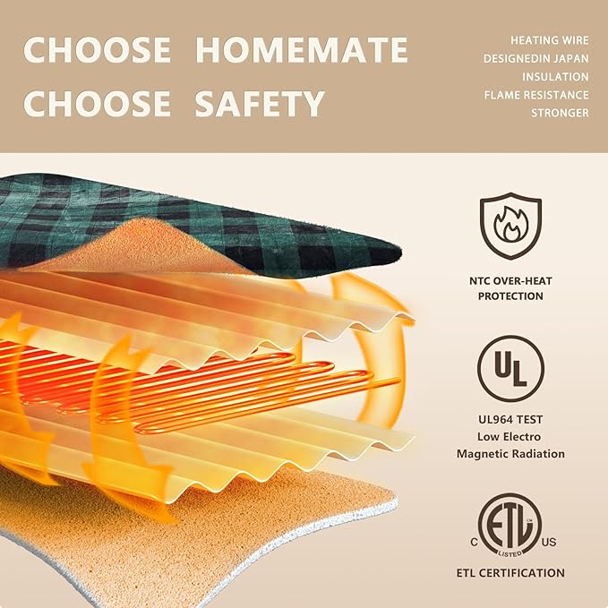 Homemate Electric Blanket Heated Twin Size - 62“x84“ Ultra Soft Cozy Flannel Heating Blanket with 10 Fast Heat Levels 8 Hours Auto Off Over-Heated Protection ETL Certification Keep Warm in Home
