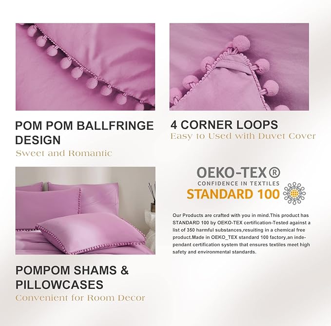 MUKKA Queen Comforter Set 5- Piece Comforter Queen Size Hot Pink, Boho Pom Pom Fringe Comforter Sets Queen Size, Bedding Comforter Sets with 2 Pillowcases 2 Pillowshams