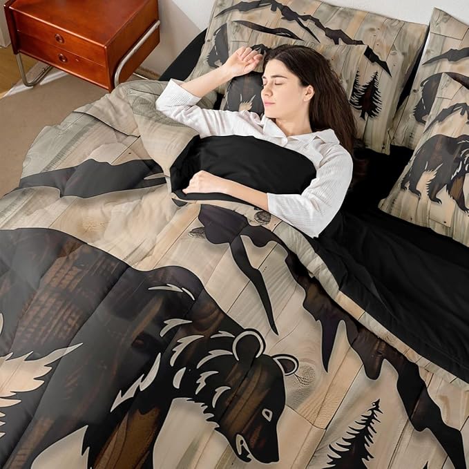 Erosebridal Rustic Cabin Bear 7 Piece Comforter Set Queen | Jungle Hunting Wildlife Bed in A Bag Wild Animals Sheet Set Reversible Grain Barn Door Farmhouse Fitted Sheet Breathable Lightweight