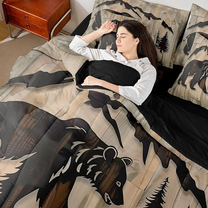Erosebridal Rustic Cabin Bear 7 Piece Comforter Set King | Jungle Hunting Wildlife Bed in A Bag Wild Animals Sheet Set Reversible Grain Barn Door Farmhouse Fitted Sheet Breathable Lightweight