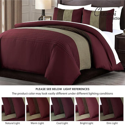 Chezmoi Collection Briar 7-Piece Full Bed in a Bag - All Season Lightweight Microfiber Comforter Set - Includes Sheets & Shams - Burgundy/Coffee/Brown Pleated Stripe Design