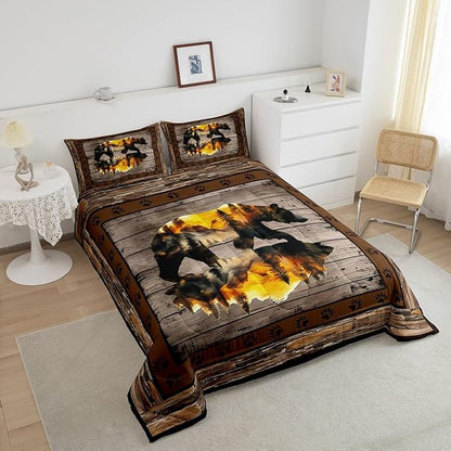 Feelyou Rustic Bear Bedding Set Wild Animal Hunt Comforter Set for Kids Boys Girls Pine Trees Retro Comforter Paw Print Quilt Set Bedroom Collection 2Pcs Twin Size