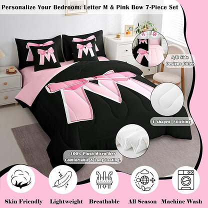 jejeloiu Kawaii Pink Bow King Comforter Set with Sheets,Gifts for Women Teen Girl,Personalized Initial Letter M 7 Piece Bedding Set,Soft Monogrammed Bed in a Bag with Comforter,Sheets,Pillowcases