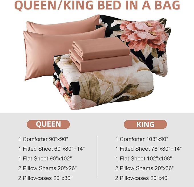 Dobuyly Black Queen Comforter Set 7 Piece Bed in a Bag, Pink Floral Printed on Black Comforter Set with Sheets, Soft Microfiber Botanical Flower Bedding Set for All Season