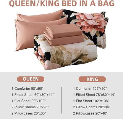 Dobuyly Black Queen Comforter Set 7 Piece Bed in a Bag, Pink Floral Printed on Black Comforter Set with Sheets, Soft Microfiber Botanical Flower Bedding Set for All Season