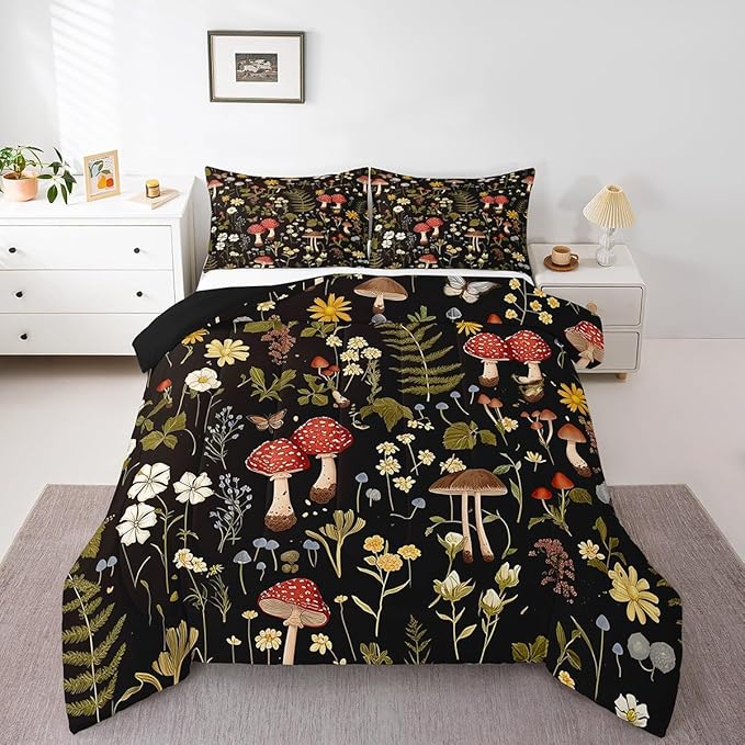 Feelyou Mushroom Comforter Set Twin Size Boho Comforter Western Decor Bedding Set Southwest Native American Design Duvet Set Room Decor Bronze Black Quilt Set