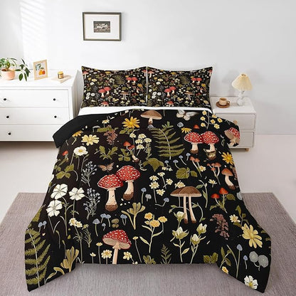 Feelyou Mushroom Comforter Set Toddler Size Boho Comforter Western Decor Bedding Set Southwest Native American Design Duvet Set Room Decor Bronze Black Quilt Set