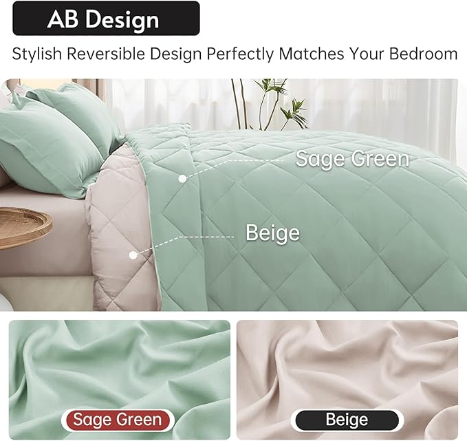 MUXHOMO 5 Pieces Twin Comforter Set, Reversible Bed in a Bag Twin Size, All Season Bedding Set with Comforter, Flat Sheet, Fitted Sheet, Pillowcases & Shams, Sage Green & Beige