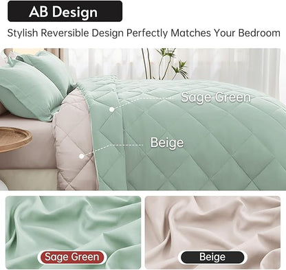 MUXHOMO 7 Pieces Queen Comforter Set, Reversible Bed in a Bag Queen Size, All Season Bedding Set with Comforter, Flat Sheet, Fitted Sheet, Pillowcases & Shams, Sage Green & Beige