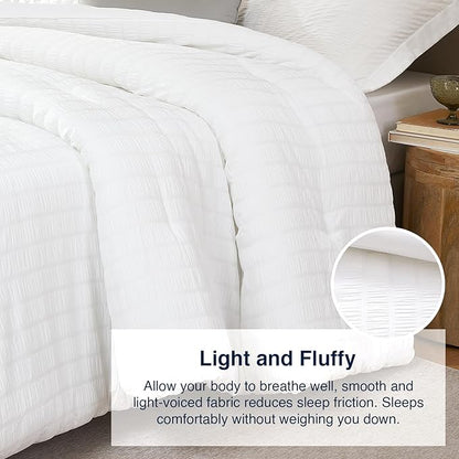 White California King Comforter Set - 3 Pieces Seersucker Lightweight Bedding Comforter Sets (1 Soft Fluffy Comforter & 2 Pillowcases) - All Seasons Cozy Modern Bed Sets for Women Men