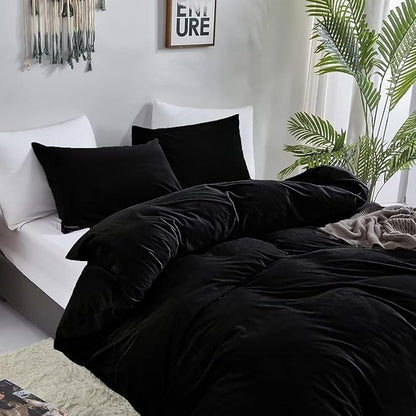 KAREVER Black Velvet Comforter Set - King Flannel Bedding Comforter Set 3 PCs Warm Soft Solid Black King Flannel Comforter Winter Blanket Set