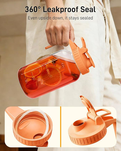64 oz Glass Pitcher with Lid, Large Wide Mouth Mason Jar with Pour Spout, Orange Sun Tea Glass Jar for Outside, Lemonade Pitcher Great for Drink, Cold Beverages and Breast Milk
