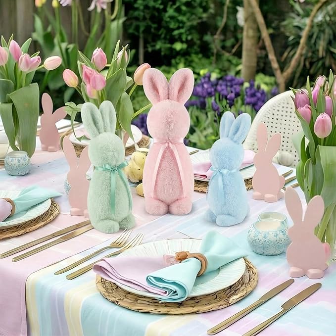 Breling 3 Pcs Easter Decoration Bunny Throw Pillow Flocked Bunny Figurine with Bow Tie 16" 13" 10" Pastel Rabbit Sitting Pillow Cute Spring Plush Decor for Sofa Couch Living Bedroom Home Office Decor